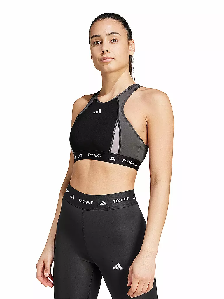ADIDAS | Sujetador deportivo para mujer TECHFIT de cuello alto con bloques de color y sujeción media | Negro
