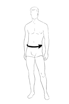 Ilustración de una figura masculina con una flecha que apunta a la cintura, indicando el ancho de la cintura. La figura se representa con detalles mínimos y monocromáticos.