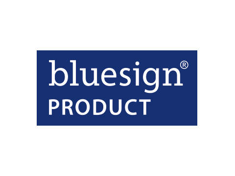 Logotipo de producto Bluesign con texto blanco sobre un fondo rectangular azul oscuro. La palabra "bluesign" está en minúsculas y "PRODUCT" está en mayúsculas debajo.