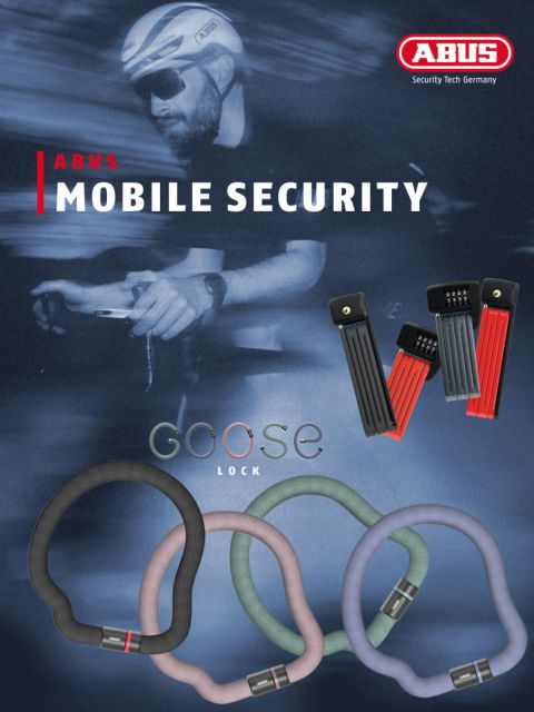 Anuncio de ABUS Mobile Security con un ciclista con gafas de sol y casco. Debajo hay imágenes de productos de candados para bicicletas en varios colores. El logotipo de ABUS está en la esquina superior derecha.