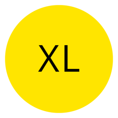 Un círculo amarillo con las letras negras "XL" en el centro indica una talla extra grande.