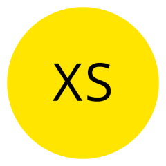Un botón redondo de color amarillo brillante con texto negro en el centro que dice "XS", lo que posiblemente indica una talla extra pequeña.