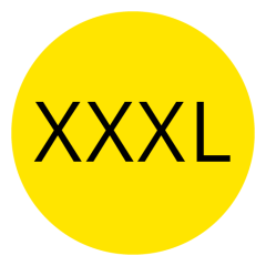 Círculo amarillo brillante con letras negras gruesas "XXXL" en el centro.