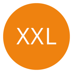 Círculo naranja con la inscripción "XXL" en letras blancas en el centro.