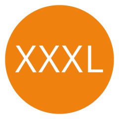 Círculo naranja con el texto "XXXL" en blanco, centrado en el círculo.