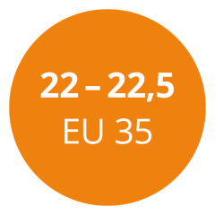 Un círculo naranja con texto blanco que dice "22 - 22,5 EU 35".