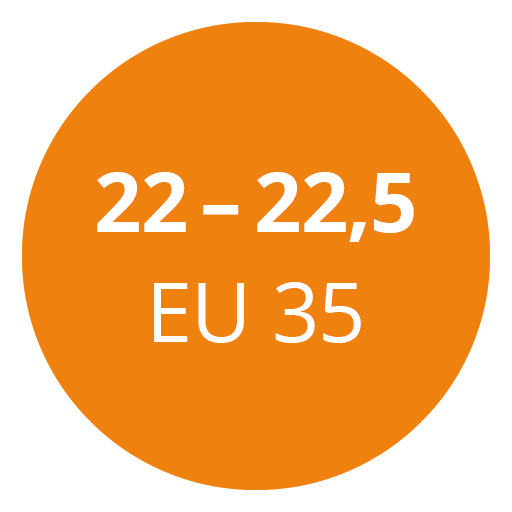 Un círculo naranja con texto blanco que dice "22 - 22,5 EU 35".