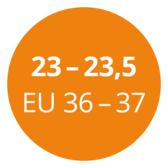 Círculo naranja con texto blanco que indica las tallas de zapatos: "23-23,5" y "EU 36-37".