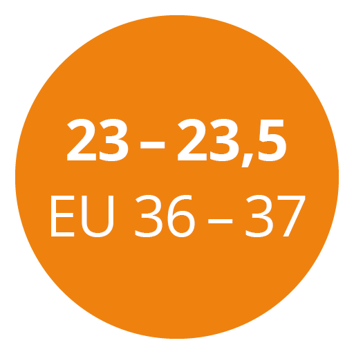 Círculo naranja con texto blanco que indica las tallas de zapatos: "23-23,5" y "EU 36-37".