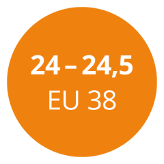 Círculo naranja con texto blanco que muestra "24 - 24,5 EU 38" como referencia a una conversión de talla de calzado.