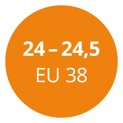 Círculo naranja con texto blanco que muestra "24 - 24,5 EU 38" como referencia a una conversión de talla de calzado.