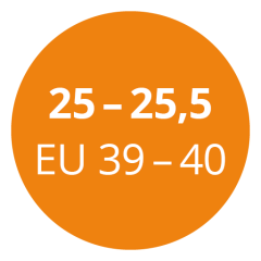 Círculo naranja con texto blanco que indica las tallas de calzado: "25 - 25,5" y "EU 39 - 40".