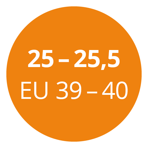 Círculo naranja con texto blanco que indica las tallas de calzado: "25 - 25,5" y "EU 39 - 40".