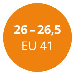 Círculo naranja con texto blanco que muestra información sobre el tamaño del calzado: "26 - 26,5, EU 41".
