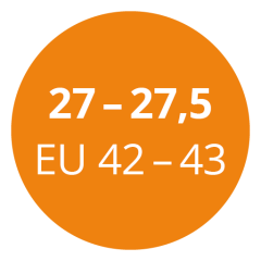 Círculo naranja con texto blanco que indica el rango de tallas "27 - 27,5" y "EU 42 - 43".