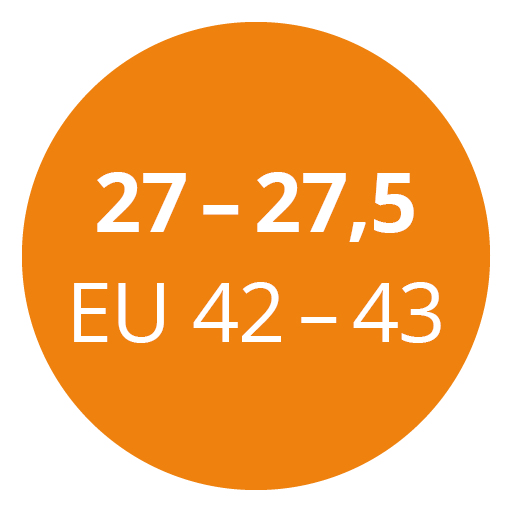 Círculo naranja con texto blanco que indica el rango de tallas "27 - 27,5" y "EU 42 - 43".