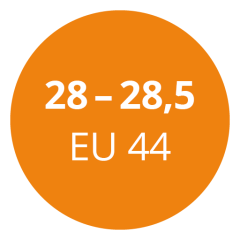 Círculo naranja con texto blanco que indica un rango de talla de calzado: "28 - 28,5", seguido de "EU 44".