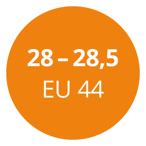Círculo naranja con texto blanco que indica un rango de talla de calzado: "28 - 28,5", seguido de "EU 44".