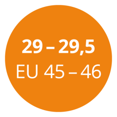 Un círculo naranja con el texto blanco "29 - 29,5 EU 45 - 46" que indica las tallas de calzado en centímetros y tallas europeas.