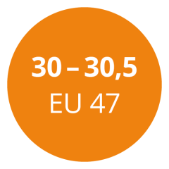 Un círculo naranja con texto blanco que dice "30 - 30.5 EU 47".