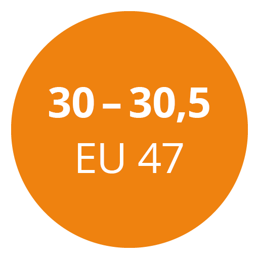Un círculo naranja con texto blanco que dice "30 - 30.5 EU 47".