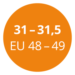 Un círculo naranja contiene texto blanco con las tallas "31 - 31,5 EU 48 - 49".