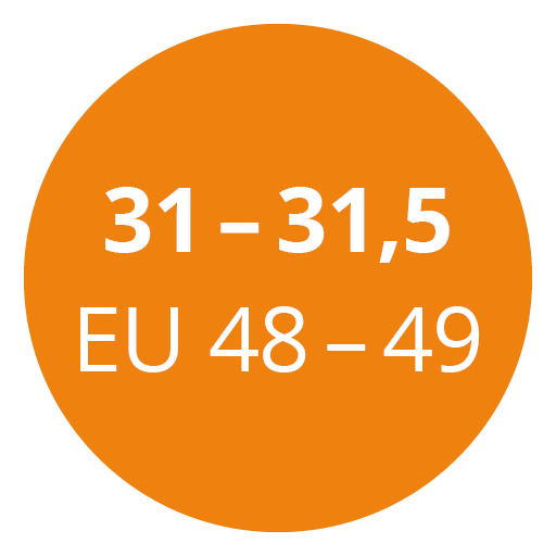 Un círculo naranja contiene texto blanco con las tallas "31 - 31,5 EU 48 - 49".