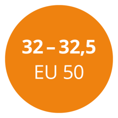Círculo naranja con texto blanco que dice "32 - 32,5 EU 50".