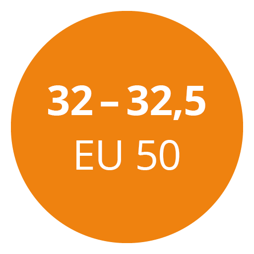 Círculo naranja con texto blanco que dice "32 - 32,5 EU 50".