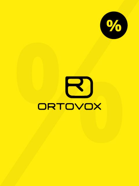 Fondo amarillo con un signo de porcentaje negro en negrita en la esquina superior derecha y un logotipo llamativo de "Ortovox" en negro en el centro. En el fondo, se ve sutilmente un gran signo de porcentaje semitransparente.