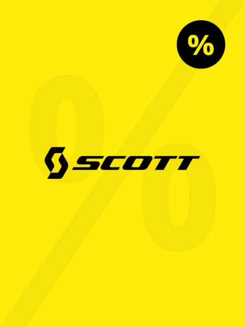 Fondo amarillo con la palabra negra "Scott" y un logotipo estilizado de la "S". En el fondo se distingue débilmente un gran signo de porcentaje, en la esquina superior derecha hay un signo de porcentaje negro más pequeño en un círculo negro.