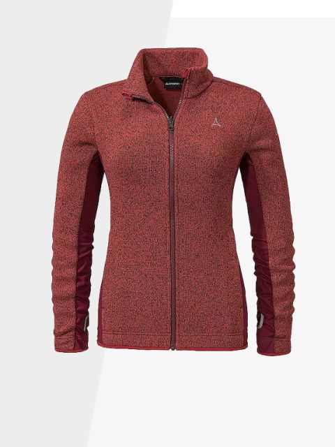 Una chaqueta polar marrón castaño para mujer con cremallera, cuello alto y mangas largas. El tejido tiene un aspecto texturizado. La chaqueta tiene un pequeño logo bordado en el pecho y se muestra sobre un fondo liso y claro.