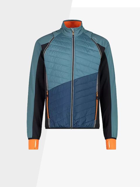 Chaqueta con diseño de bloques de color con parte delantera acolchada en verde azulado y azul oscuro, paneles laterales negros y detalles naranjas en contraste en los puños y el cuello interior. La chaqueta cuenta con cierre de cremallera frontal y bolsillos con cremallera.