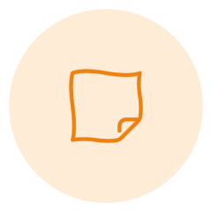 Un simple contorno naranja de una hoja de papel con una esquina doblada, centrado sobre un fondo circular de color melocotón claro.