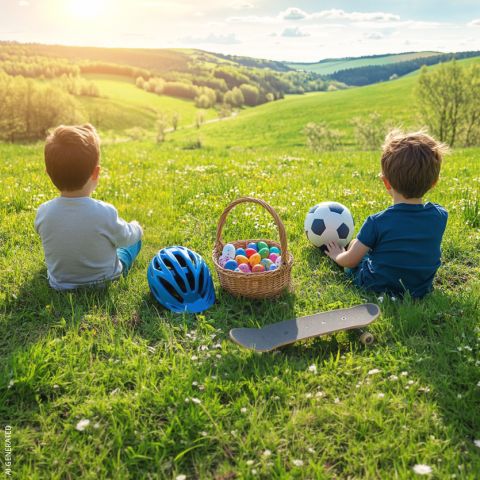 Dos niños están sentados en la hierba con una cesta llena de huevos de colores, un casco azul, un balón de fútbol y un monopatín, mirando un paisaje verde y soleado.