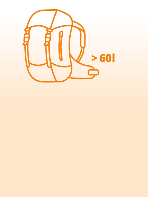 Contorno naranja de una mochila con un bolsillo delantero y el texto ">60l" en la parte superior, que indica una mochila con una capacidad de más de 60 litros, sobre un fondo naranja claro degradado.