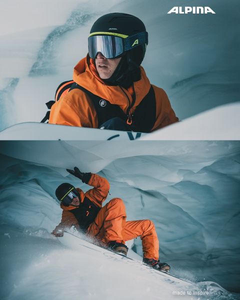 Un ciclista con casco y camisa blanca está de pie con su bicicleta mirando a la distancia al atardecer. En el fondo se ven árboles, colinas y una línea eléctrica. Encima se ve la palabra "ALPINA".