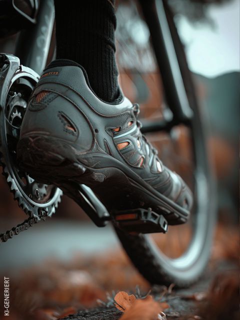 Un primer plano del pie de una persona en una zapatilla de ciclismo sobre un pedal de bicicleta, con hojas de otoño y un paisaje exterior borroso al fondo.