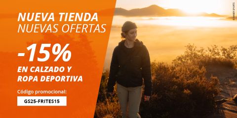 Banner publicitario que muestra a una mujer caminando al amanecer, con un texto que ofrece un 15% de descuento en calzado y ropa deportiva en una nueva tienda. Incluye un código promocional: GS25-FRITES15.