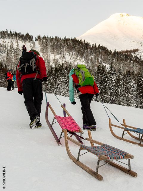Dos personas con ropa de invierno tiran de trineos de madera cuesta arriba en una colina nevada, con árboles y una cima de montaña iluminada por el sol al fondo. Se pueden ver más personas en la distancia.