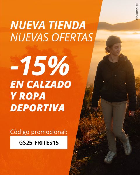 Una mujer con ropa deportiva para exteriores está de pie en una montaña al amanecer. La imagen promociona una nueva tienda con un 15% de descuento en calzado y ropa deportiva y muestra un código promocional: GS25-20CHPLC. El texto está en español y tiene un fondo naranja.