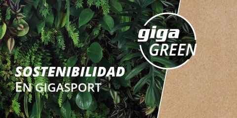 Hojas verdes llenan el lado izquierdo, con "SOSTENIBILIDAD EN GIGASPORT" en letras blancas. En el lado derecho está el logo "giga GREEN" en un círculo blanco sobre una textura marrón claro.
