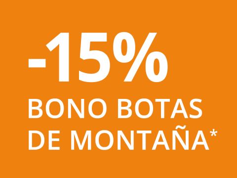 Fondo naranja con un gran texto blanco que dice: "-15% BONO BOTAS DE MONTAÑA*".