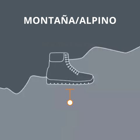 Ilustración de una bota de senderismo en una ladera de montaña con el texto "MONTAÑA/ALPINO" encima.