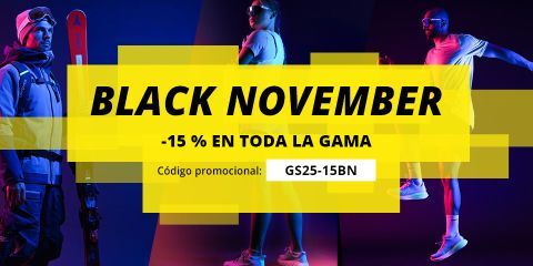 Tres deportistas en ropa deportiva están de pie frente a un fondo oscuro con pancartas amarillas con la inscripción "Black November", "-15% en toda la gama" y el código promocional "GS25-15BN".