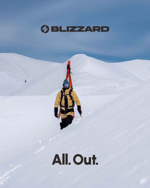 Dos esquiadores con ropa de invierno bajan una ladera cubierta de nieve. El esquiador de la izquierda lleva un traje rosa, el de la derecha uno beige. Ambos llevan cascos y gafas protectoras. El logotipo de Blizzard se ve en la parte superior izquierda.