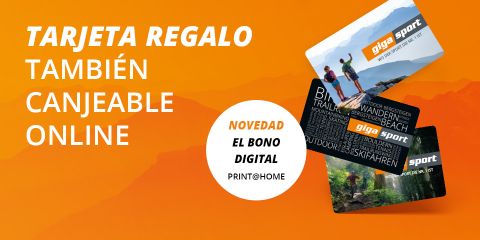 Imagen promocional de las tarjetas de regalo de Giga Sport, que muestra tarjetas con diseños de temática al aire libre sobre un fondo naranja. El texto en español destaca que las tarjetas de regalo también se pueden canjear online e introduce una nueva opción de vale digital.