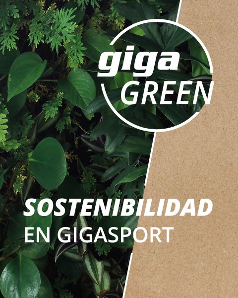 Hojas verdes a la izquierda con el texto "giga GREEN" en un círculo blanco y "SOSTENIBILIDAD EN GIGASPORT" sobre fondo marrón a la derecha.