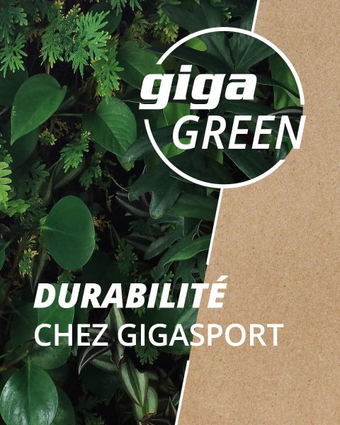 Plantas de hojas verdes a la izquierda, superficie marrón texturizada a la derecha. El texto blanco dice: "giga GREEN" en un círculo y "DURABILIDAD EN GIGASPORT" debajo. La imagen sugiere sostenibilidad en Gigasport.
