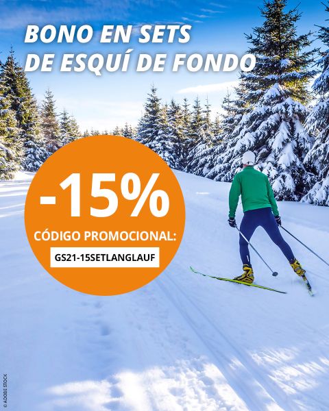 Persona practicando esquí de fondo en una pista nevada rodeada de pinos; el texto ofrece un 15% de descuento en equipos de esquí de fondo, con un gran círculo naranja y un cielo azul claro arriba.